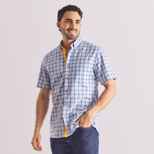 Camisa regular fit a cuadros color azul claro
