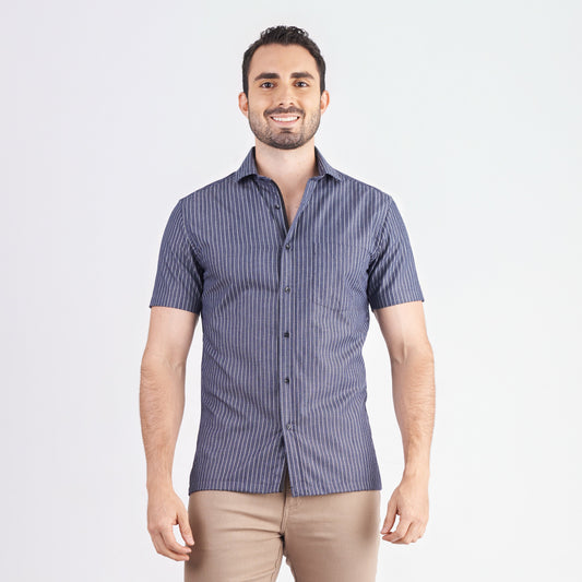 Camisa slim fit manga corta a rayas color azul oscuro