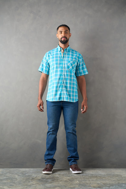 Camisa regular fit manga corta azul medio