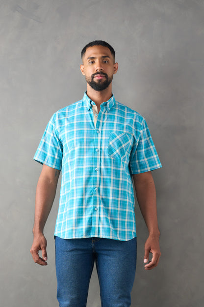 Camisa regular fit manga corta azul medio