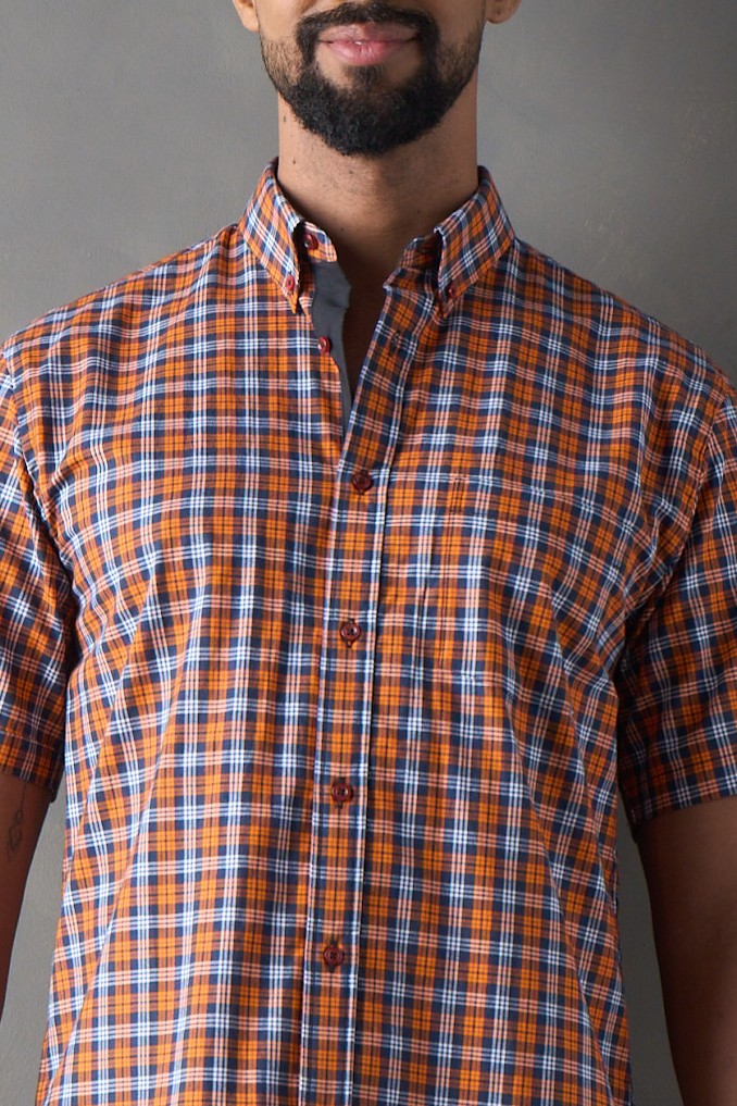 Camisa manga corta a cuadros naranja