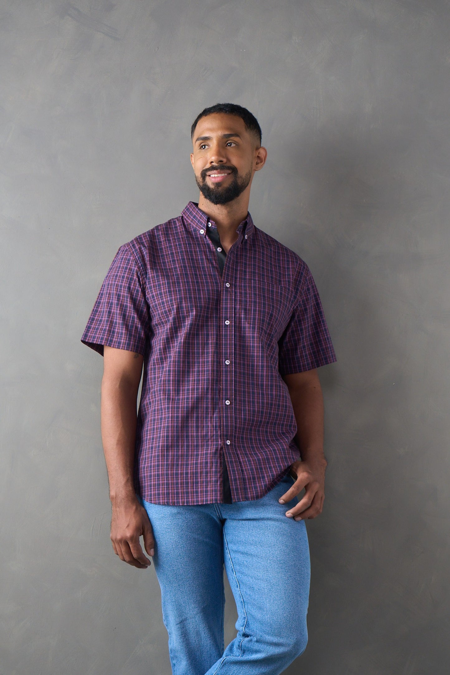 Camisa manga corta a cuadros morado