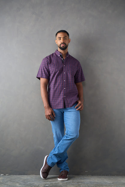Camisa manga corta a cuadros morado
