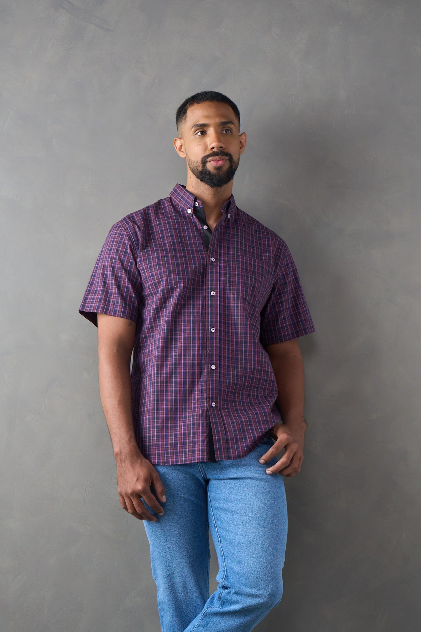 Camisa manga corta a cuadros morado