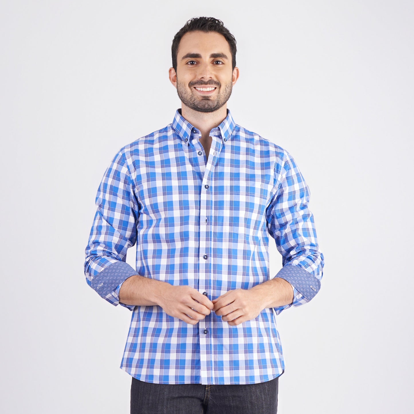 Camisa regular fit a cuadros color azul medio