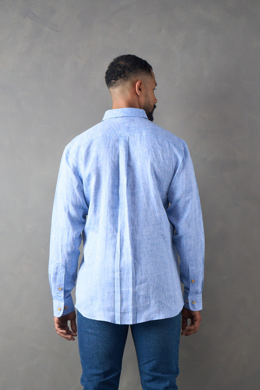 Camisa manga larga regular fit azul medio 100% lino
