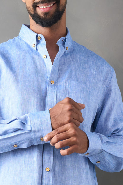 Camisa manga larga regular fit azul medio 100% lino