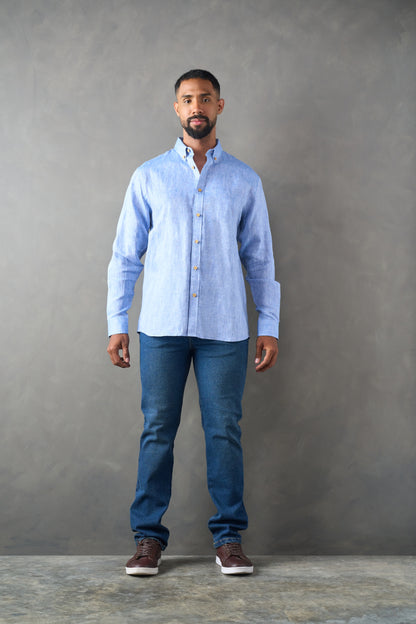 Camisa manga larga regular fit azul medio 100% lino