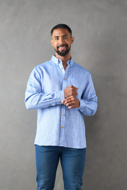 Camisa manga larga regular fit azul medio 100% lino