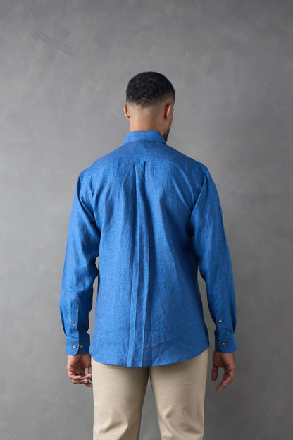Camisa manga larga regular fit azul oscuro 100% lino