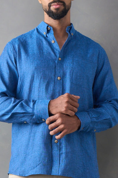 Camisa manga larga regular fit azul oscuro 100% lino