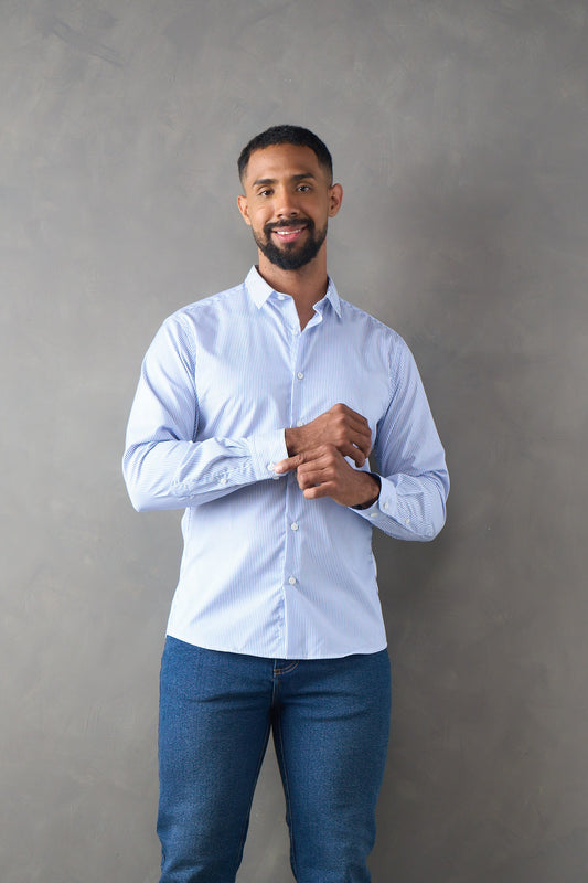 Camisa a rayas slim fit azul medio