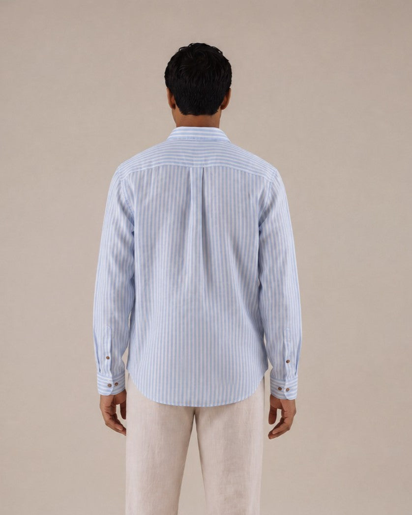 Camisa a rayas regular fit 100% lino azul medio