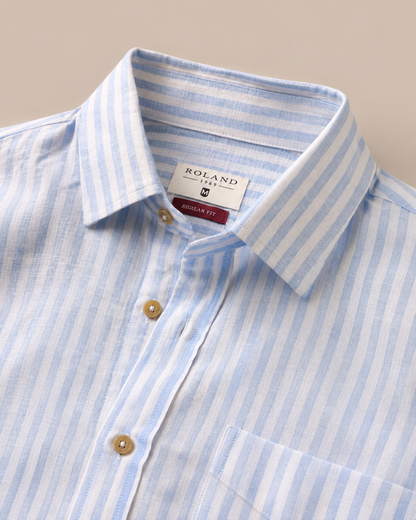 Camisa a rayas regular fit 100% lino azul medio