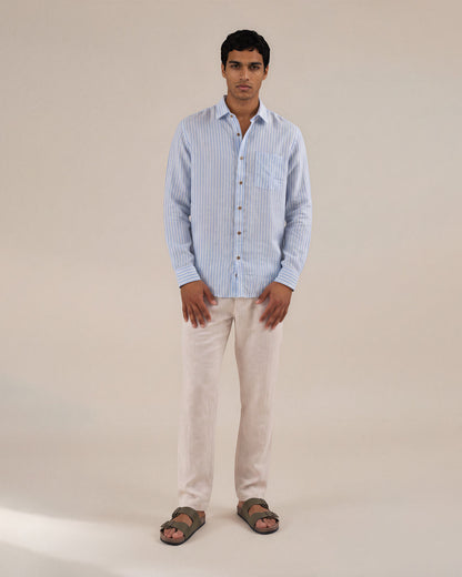Camisa a rayas regular fit 100% lino azul medio