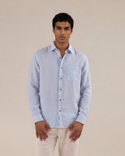 Camisa a rayas regular fit 100% lino azul medio