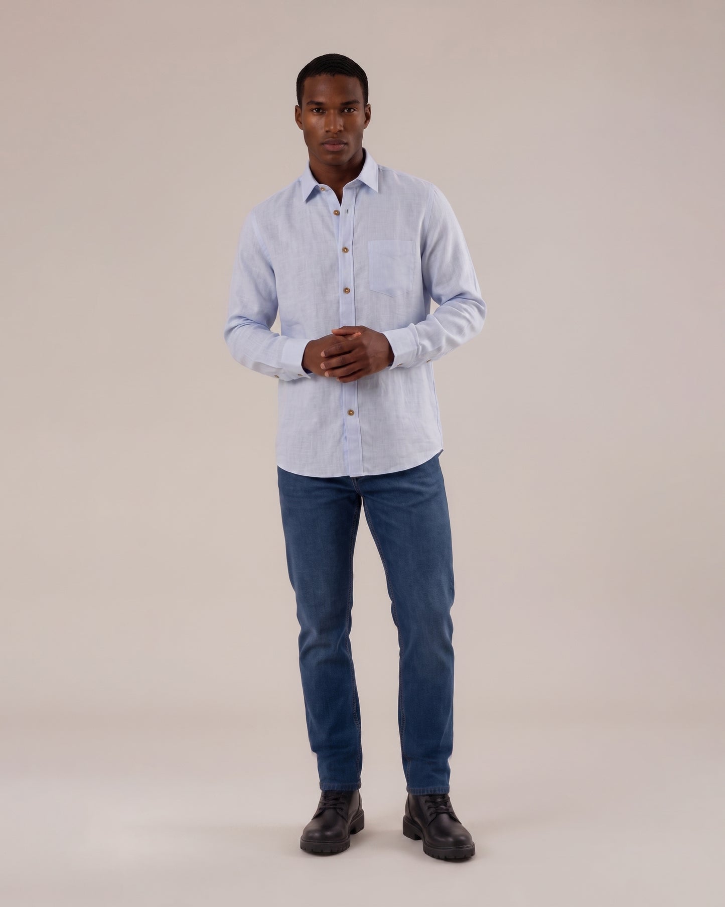 Camisa regular fit lino / algodón azul