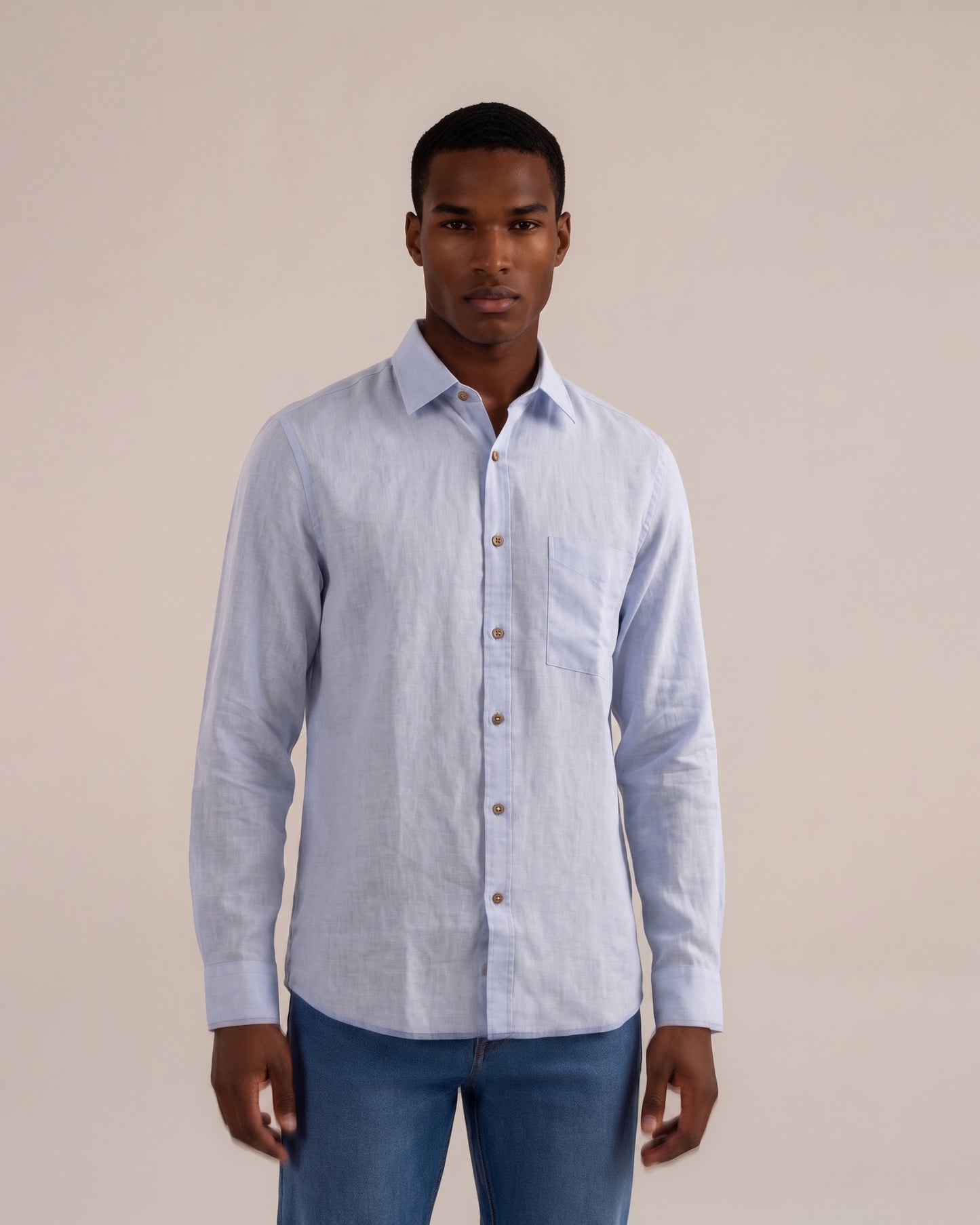 Camisa regular fit lino / algodón azul